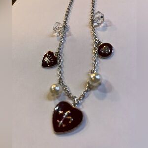 NWT Necklace & Earring set Silver and Red Heart Charm Necklace Silver Pearls